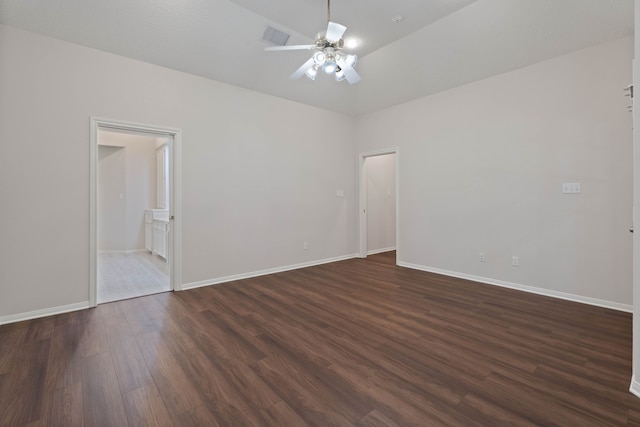 110 Canterbury Green Dr, Conroe, TX 77356 - empty room with ceiling fan, dark wood-style floors, and high vaulted ceiling
