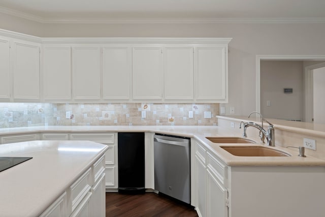 110 Canterbury Green Dr, Conroe, TX 77356 - kitchen featuring stainless steel dishwasher, white cabinetry, backsplash, dark wood-style flooring, and crown molding