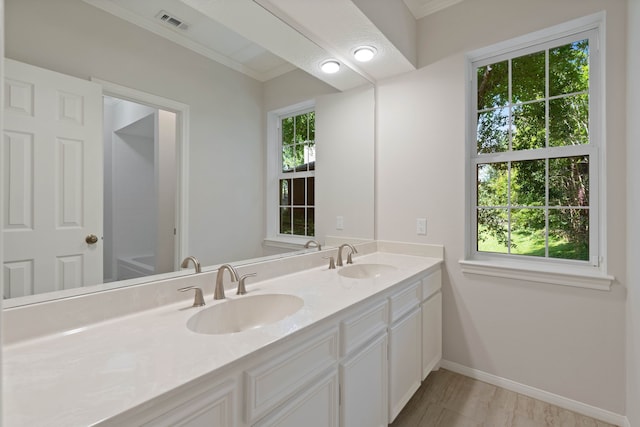110 Canterbury Green Dr, Conroe, TX 77356 - bathroom with double vanity, ornamental molding, and a tub