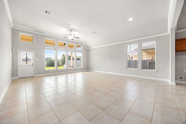 18738 Fox Kestrel Trl, Cypress, TX 77429 - unfurnished living room with crown molding, a ceiling fan, light tile patterned flooring, baseboards, and lofted ceiling