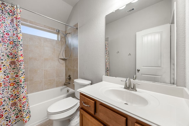 18738 Fox Kestrel Trl, Cypress, TX 77429 - full bathroom with vanity, shower / bathtub combination with curtain, toilet, and a textured wall