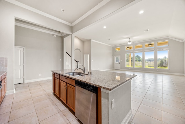 18738 Fox Kestrel Trl, Cypress, TX 77429 - kitchen featuring stainless steel dishwasher, a sink, light tile patterned floors, a ceiling fan, and crown molding
