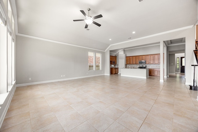 18738 Fox Kestrel Trl, Cypress, TX 77429 - unfurnished living room with light tile patterned flooring, a ceiling fan, healthy amount of natural light, crown molding, and recessed lighting