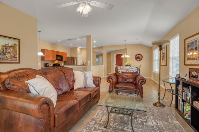 4609 Woodspring Acres Ct, Kingwood, TX 77345 - living room featuring light tile patterned floors, a ceiling fan, vaulted ceiling, and baseboards