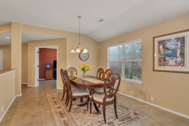4609 Woodspring Acres Ct, Kingwood, TX 77345 - dining area with baseboards, lofted ceiling, a chandelier, and light tile patterned floors