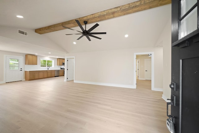 15322 E Barbara Cir, Houston, TX 77071 - unfurnished living room featuring a ceiling fan, beam ceiling, light wood-style flooring, recessed lighting, and high vaulted ceiling