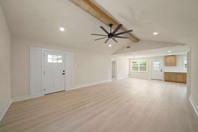 15322 E Barbara Cir, Houston, TX 77071 - unfurnished living room featuring light wood-style floors, recessed lighting, a ceiling fan, and a chandelier