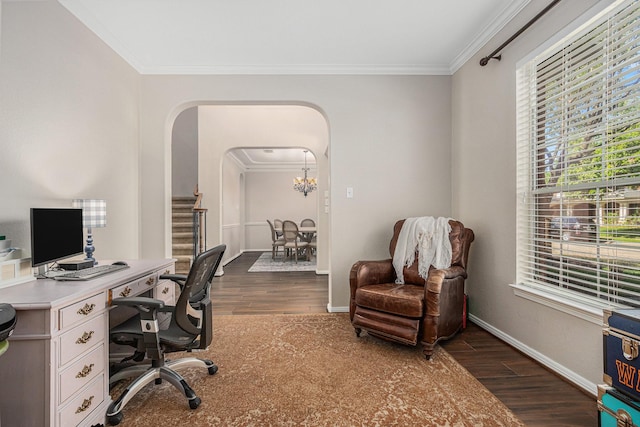 16618 S Swirling Cloud Ct, Cypress, TX 77433 - office with arched walkways, ornamental molding, dark wood-style floors, baseboards, and a chandelier