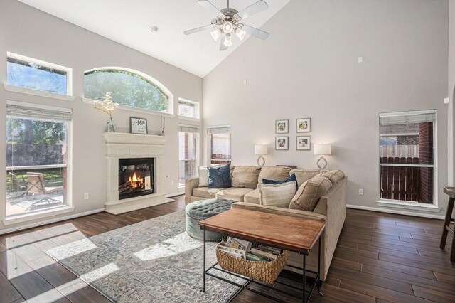 16618 S Swirling Cloud Ct, Cypress, TX 77433 - living area with high vaulted ceiling, a glass covered fireplace, ceiling fan, wood finished floors, and baseboards