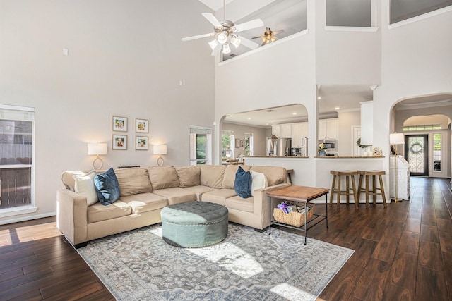 16618 S Swirling Cloud Ct, Cypress, TX 77433 - living room with arched walkways, dark wood-style floors, a high ceiling, healthy amount of natural light, and a ceiling fan