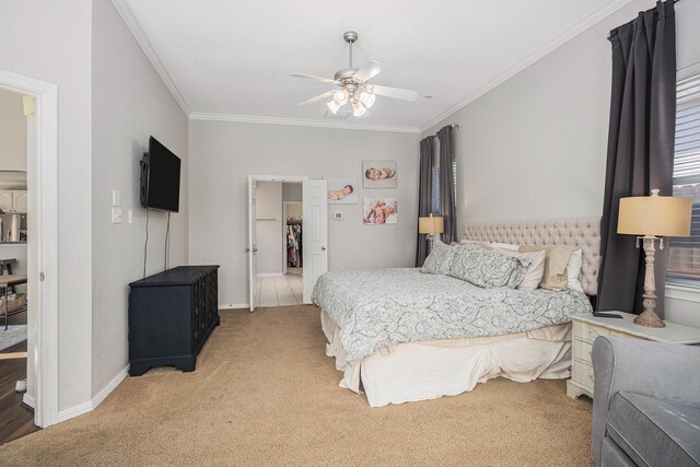 16618 S Swirling Cloud Ct, Cypress, TX 77433 - bedroom with light colored carpet, crown molding, baseboards, and ceiling fan