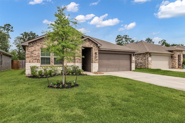 2322 Strong Horse Dr, Conroe, TX 77301 - view of front of house featuring a garage, brick siding, driveway, and a shingled roof