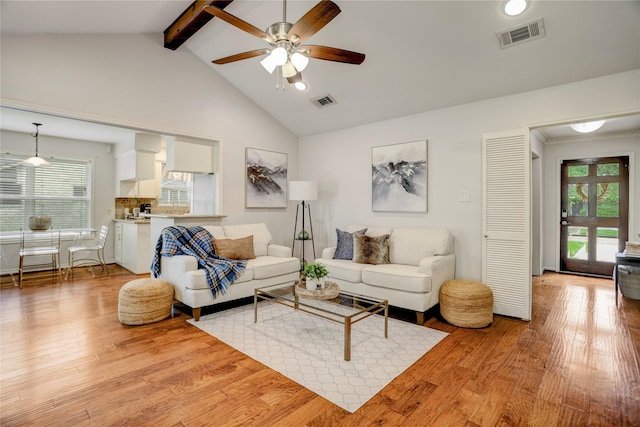 12427 Attlee Dr, Houston, TX 77077 - living area with beamed ceiling, healthy amount of natural light, wood finished floors, ceiling fan, and recessed lighting