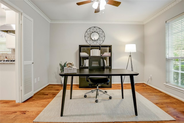 12427 Attlee Dr, Houston, TX 77077 - office space featuring ceiling fan, light wood-type flooring, ornamental molding, and baseboards