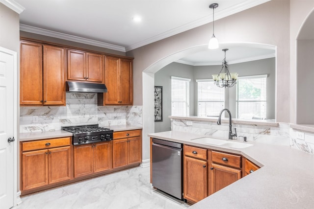 4422 Desert Cliff Ct, Katy, TX 77494 - kitchen featuring stainless steel dishwasher, a sink, under cabinet range hood, gas stovetop, and arched walkways
