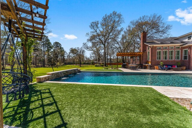 31026 Johlke Rd, Magnolia, TX 77355 - outdoor pool featuring a pergola, a lawn, and a patio