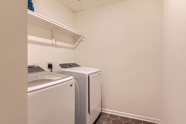 8126 Coco Bluff Dr, Cypress, TX 77433 - laundry room with independent washer and dryer, baseboards, and dark tile patterned flooring