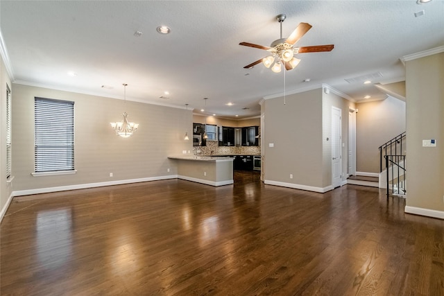 1610 Knox St Unit A, Houston, TX 77007 - unfurnished living room with ceiling fan, baseboards, crown molding, a chandelier, and dark wood-style flooring