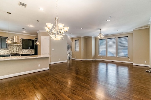 1610 Knox St Unit A, Houston, TX 77007 - unfurnished living room with ornamental molding, dark wood-type flooring, a ceiling fan, baseboards, and recessed lighting