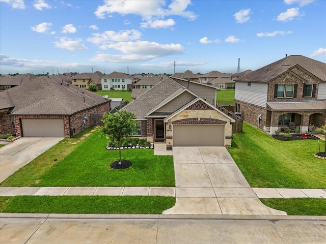 726 Rim Water Dr, Alvin, TX 77511 - view of front of house with driveway, a residential view, a front lawn, brick siding, and a garage