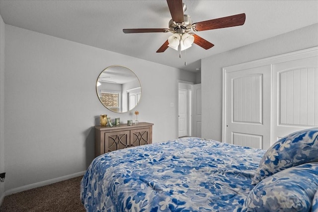 726 Rim Water Dr, Alvin, TX 77511 - bedroom featuring carpet flooring, baseboards, a closet, and a ceiling fan