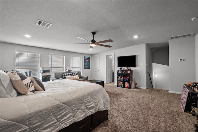 726 Rim Water Dr, Alvin, TX 77511 - bedroom featuring a textured ceiling, carpet floors, a ceiling fan, and recessed lighting