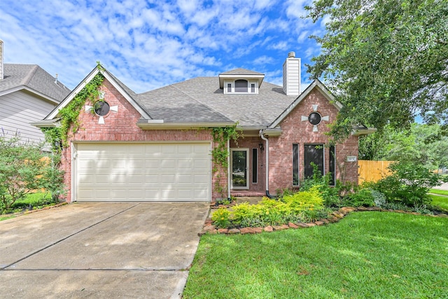 3602 Pine Stream Dr, Pearland, TX 77581 - traditional-style house featuring concrete driveway, brick siding, a chimney, roof with shingles, and an attached garage