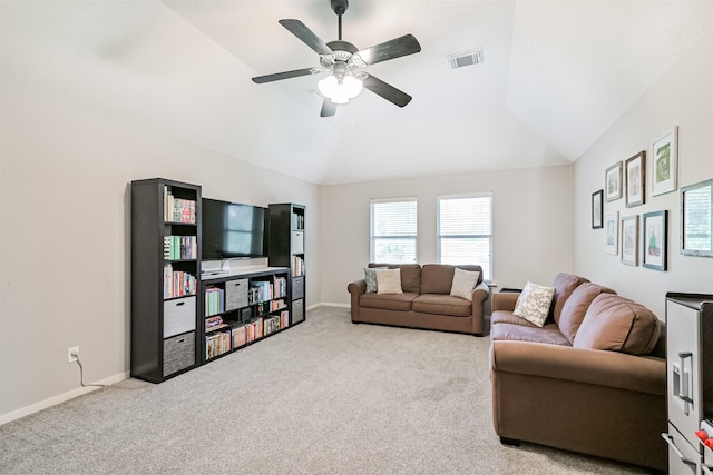 3602 Pine Stream Dr, Pearland, TX 77581 - carpeted living area featuring vaulted ceiling, a ceiling fan, and baseboards
