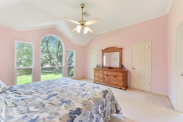 7711 Silent Star Ct, Houston, TX 77095 - bedroom featuring light carpet, vaulted ceiling, and a ceiling fan