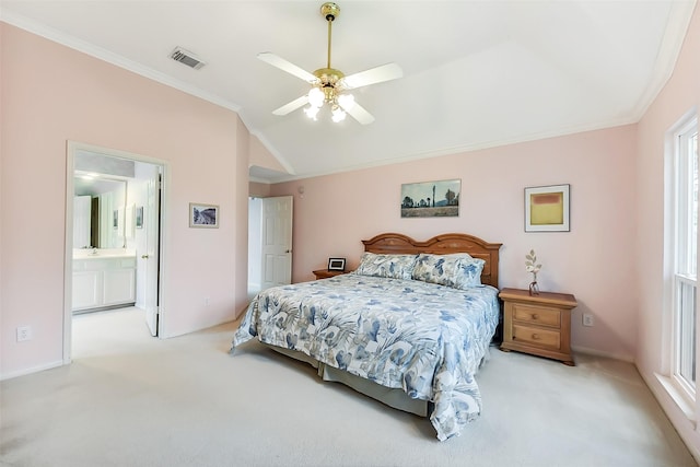 7711 Silent Star Ct, Houston, TX 77095 - bedroom with lofted ceiling, crown molding, light carpet, ensuite bath, and a ceiling fan
