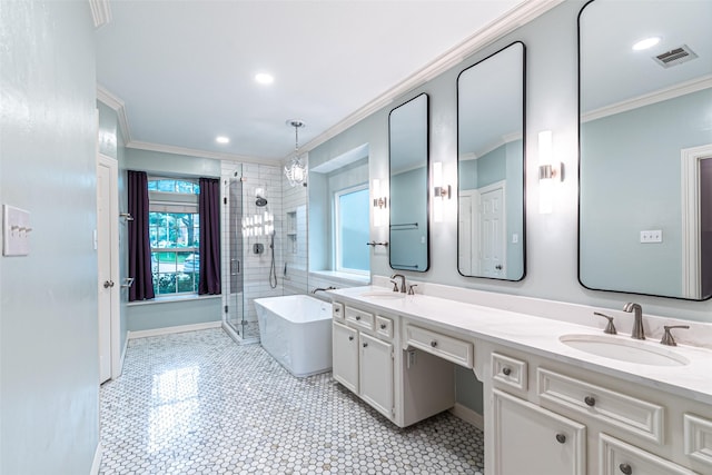 13219 Allysum Ct, Cypress, TX 77429 - full bathroom with a shower stall, ornamental molding, a soaking tub, double vanity, and tile patterned flooring
