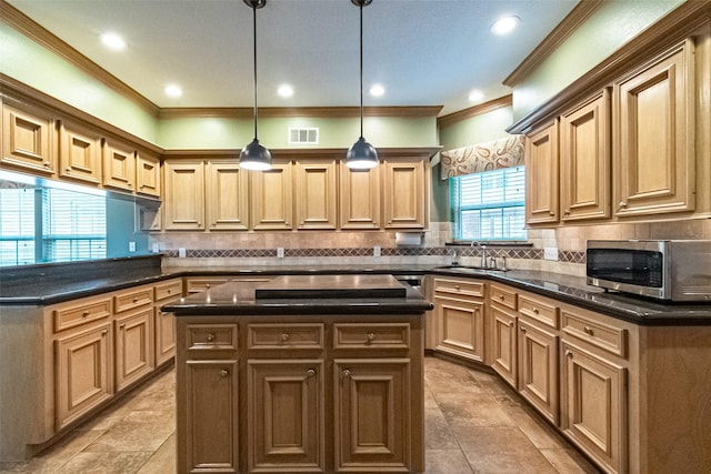 13219 Allysum Ct, Cypress, TX 77429 - kitchen featuring stainless steel microwave, a sink, ornamental molding, decorative backsplash, and hanging light fixtures