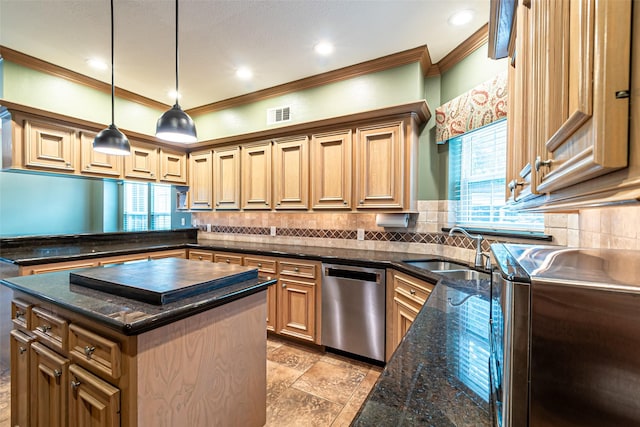13219 Allysum Ct, Cypress, TX 77429 - kitchen with dishwasher, a sink, ornamental molding, plenty of natural light, and decorative backsplash