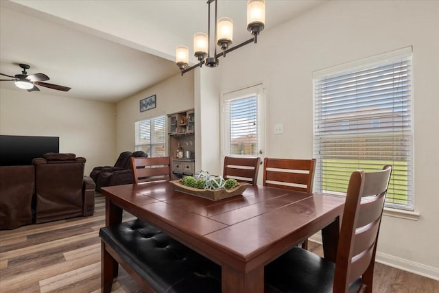 22435 Base Light Dr, Hockley, TX 77447 - dining room with wood finished floors, a ceiling fan, and a chandelier