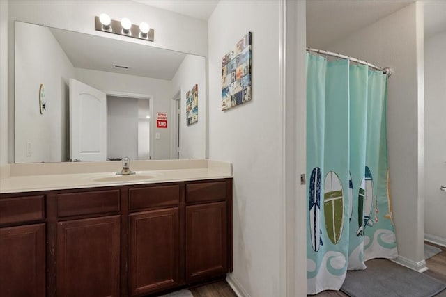 22435 Base Light Dr, Hockley, TX 77447 - bathroom with vanity, wood finished floors, and a shower with shower curtain
