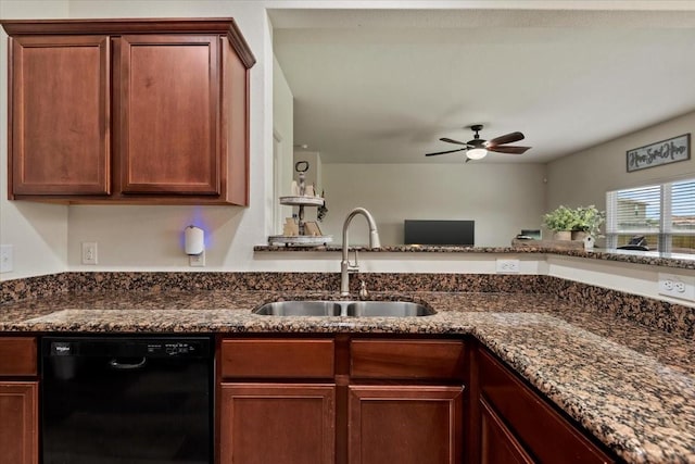 22435 Base Light Dr, Hockley, TX 77447 - kitchen featuring dishwasher, ceiling fan, dark stone countertops, and open floor plan
