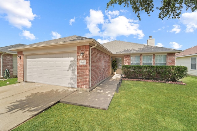 6519 Portlick Dr, Katy, TX 77449 - ranch-style house with brick siding, a garage, concrete driveway, a front lawn, and a chimney