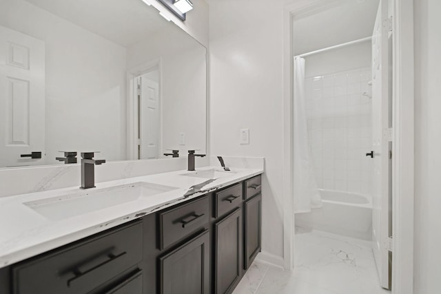 6519 Portlick Dr, Katy, TX 77449 - bathroom with marble look tiles, double vanity, and shower / bathtub combination with curtain