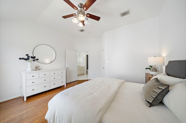 1918 Prospect St, Houston, TX 77004 - bedroom featuring light wood-style floors, lofted ceiling, and ceiling fan