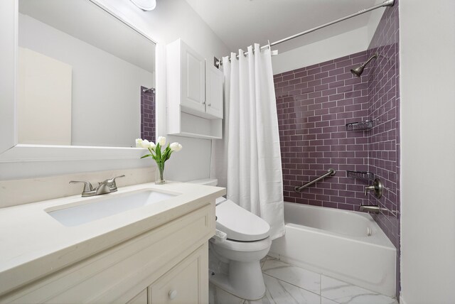 1918 Prospect St, Houston, TX 77004 - bathroom featuring vanity, shower / tub combo with curtain, and marble look tiles