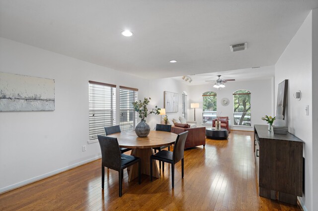 1918 Prospect St, Houston, TX 77004 - dining area featuring hardwood / wood-style floors, ceiling fan, and recessed lighting