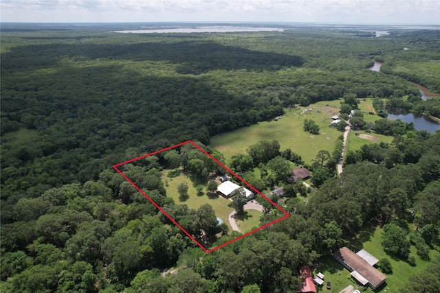 13236 Fm 1409 Unit A, Dayton, TX 77535 - view of property location with a forest, property parcel outlined, and a nearby body of water