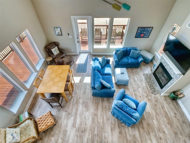 107 Yucca Ave, Surfside Beach, TX 77541 - living room featuring wood finished floors, a glass covered fireplace, and baseboards