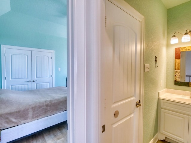 107 Yucca Ave, Surfside Beach, TX 77541 - bathroom featuring a textured wall, vanity, and wood finished floors