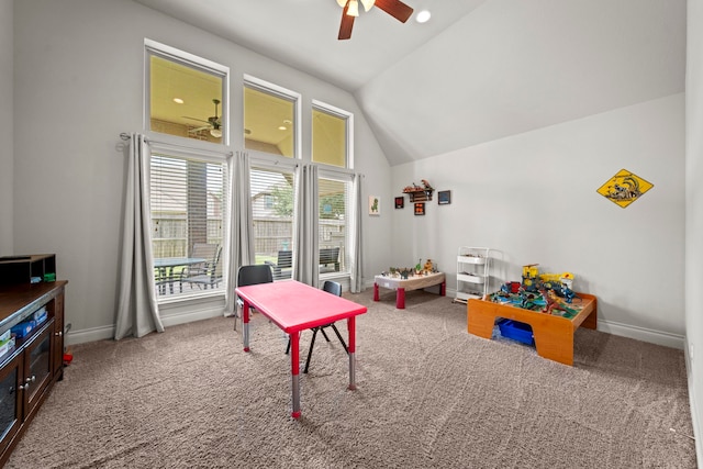 3307 Blueberry Turn Trl, Richmond, TX 77406 - playroom featuring ceiling fan, vaulted ceiling, carpet flooring, and baseboards