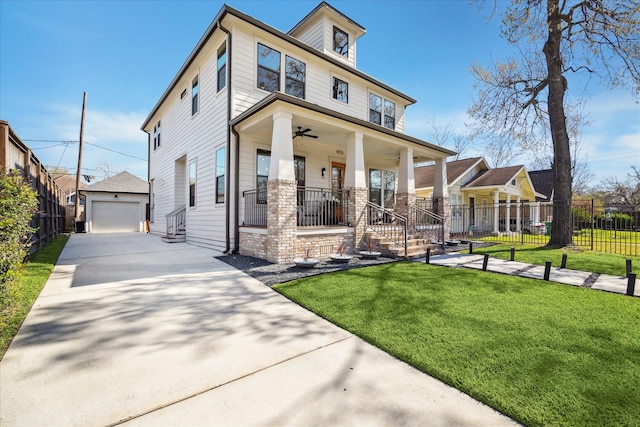 4731 Park Dr, Houston, TX 77023 - traditional style home featuring a porch, an outdoor structure, a garage, and ceiling fan