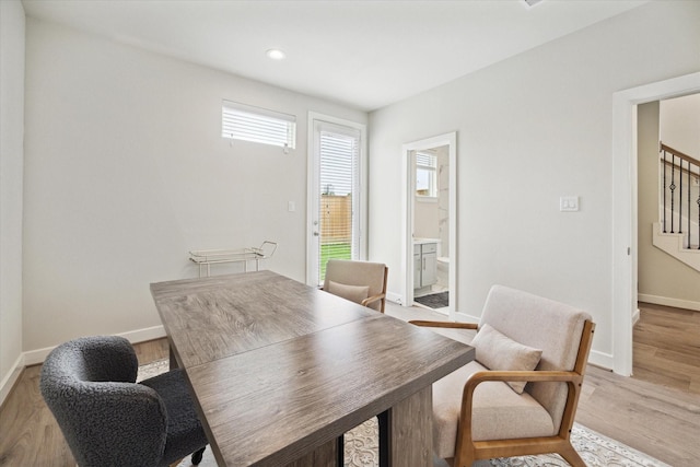 3037 Hicks St, Houston, TX 77007 - dining space with stairway, baseboards, light wood-style floors, and recessed lighting