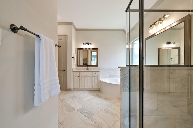 1530 Richland Hollow Ln, Friendswood, TX 77546 - bathroom featuring marble look tiles, a bath, ornamental molding, vanity, and a stall shower