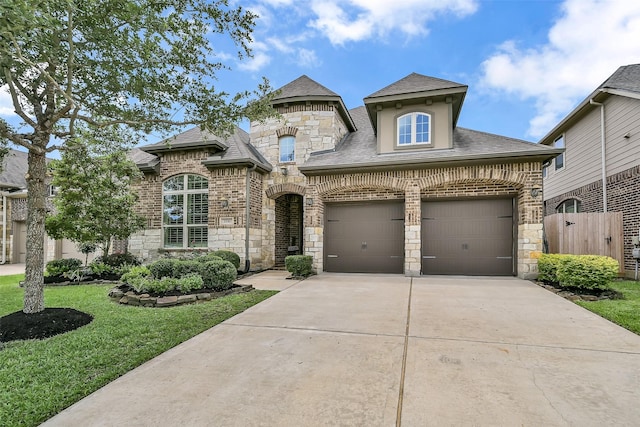 1530 Richland Hollow Ln, Friendswood, TX 77546 - french country home featuring stone siding, concrete driveway, roof with shingles, a garage, and brick siding
