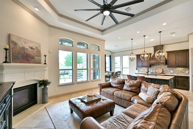 1530 Richland Hollow Ln, Friendswood, TX 77546 - living area featuring crown molding, a tray ceiling, a fireplace, a ceiling fan, and recessed lighting